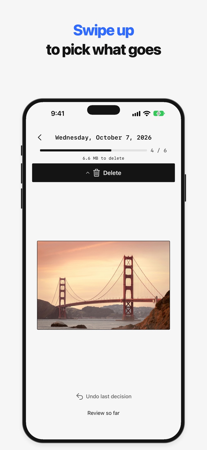 App Store screenshot: swipe up to pick photos to delete.